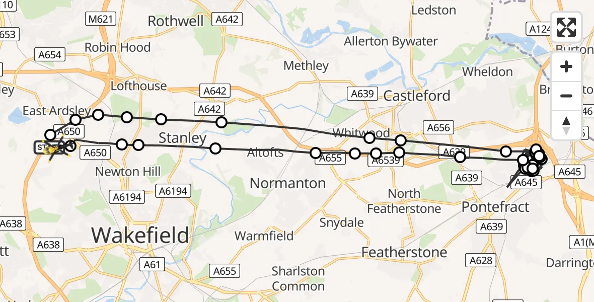 Flight route Police Helicopter East Ardsley - East Ardsley, 11 June 2026, 22:34