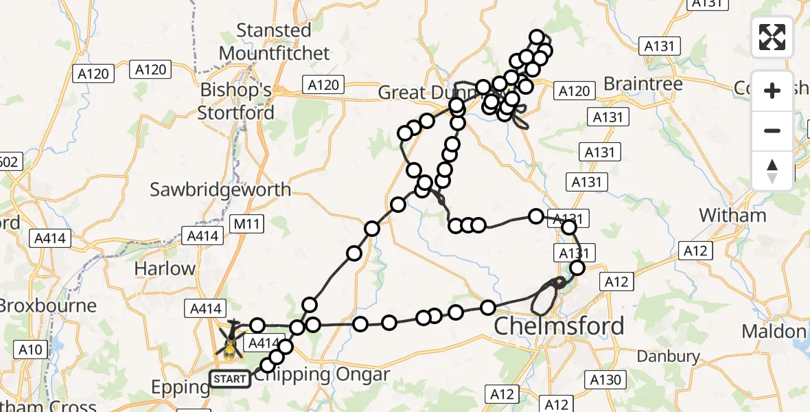 Flight route Police Helicopter Woodhatch - North Weald Airfield, 11 June 2026, 23:46