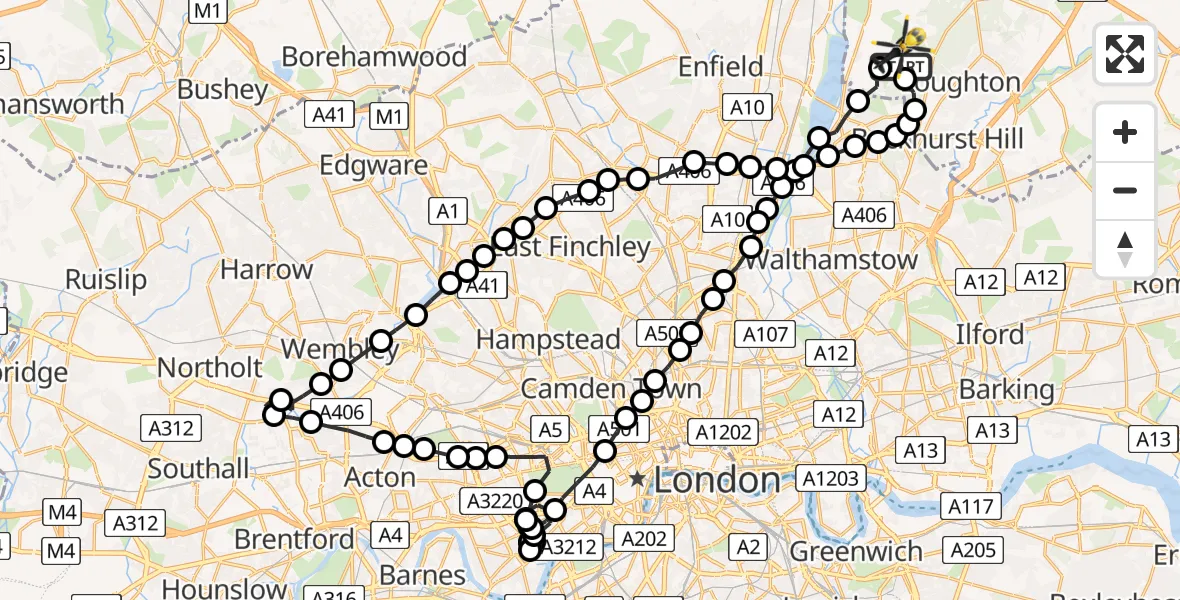 Flight route Police Helicopter Metropolitan Police Air Support Unit Lippitts Hill - Sewardstonebury, 11 June 2026, 23:58