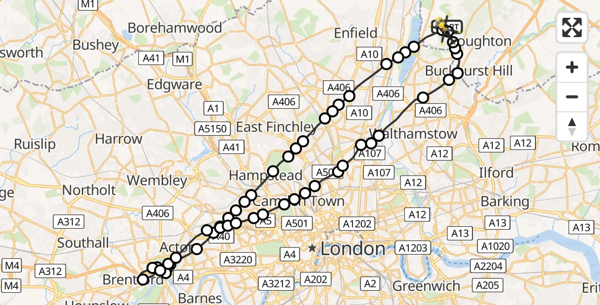 Flight route Police Helicopter Metropolitan Police Air Support Unit Lippitts Hill - Metropolitan Police Air Support Unit Lippitts Hill, 12 June 2026, 01:15
