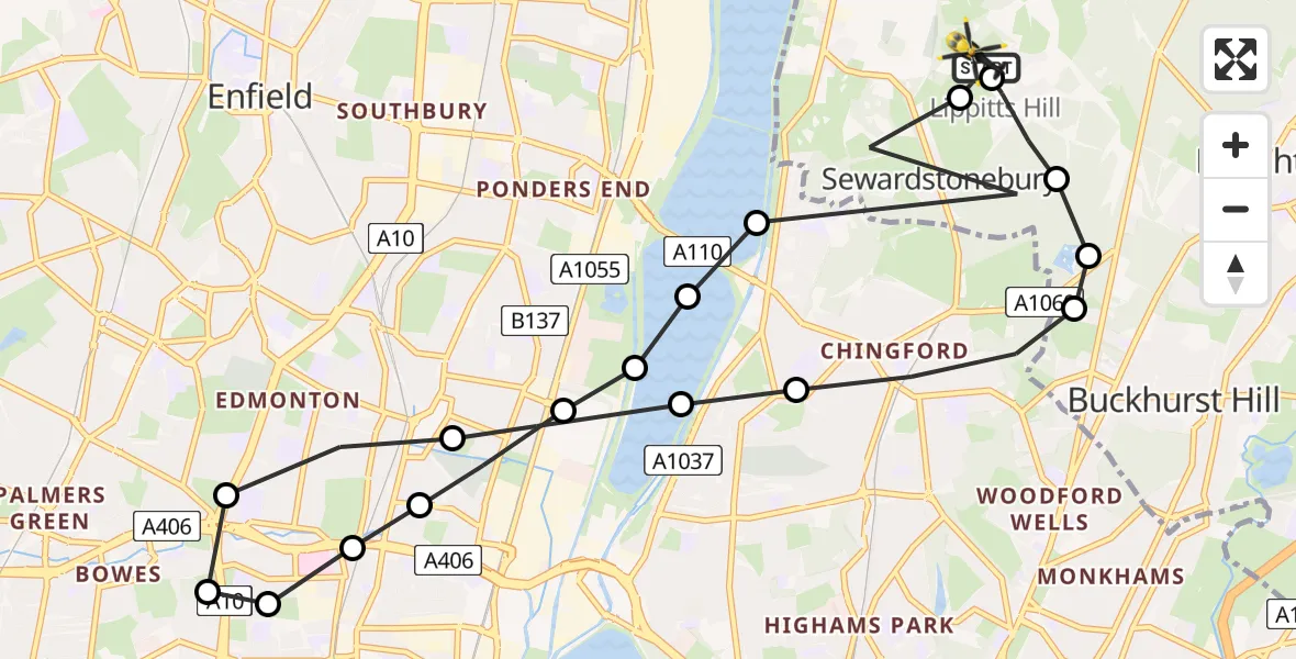 Flight route Police Helicopter Metropolitan Police Air Support Unit Lippitts Hill - Sewardstonebury, 12 June 2026, 03:35