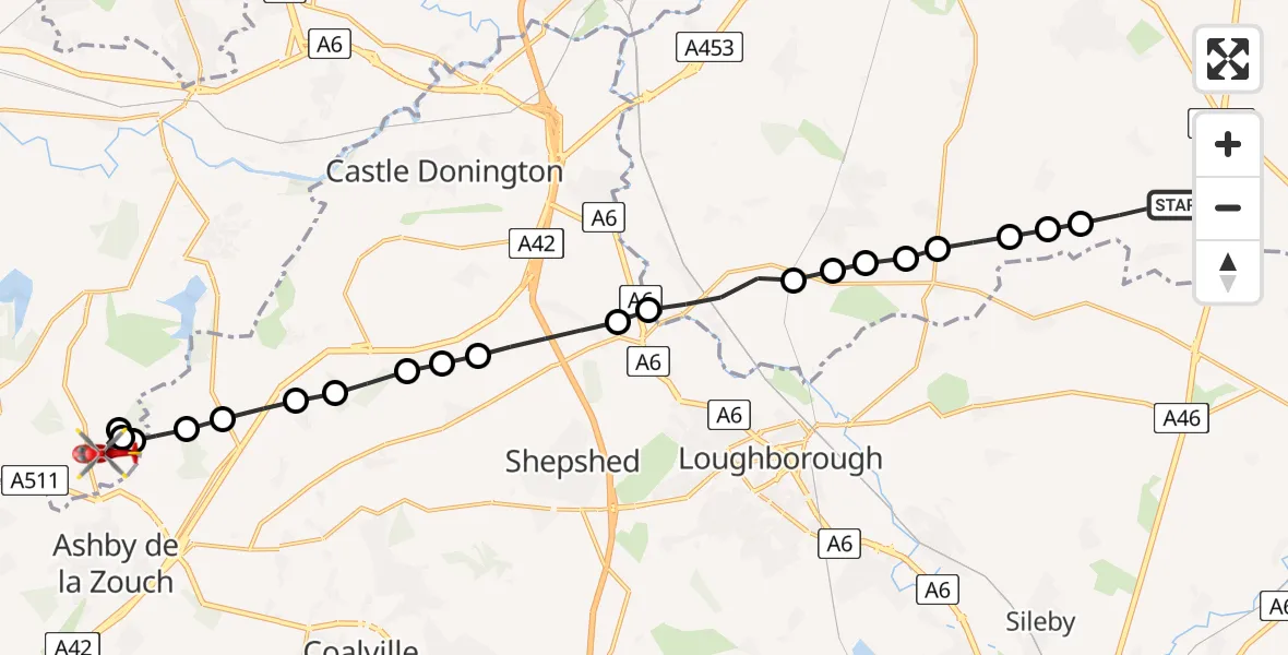 Flight route Air Ambulance Helicopter Willoughby on the Wolds - Smisby, 12 June 2026, 06:58