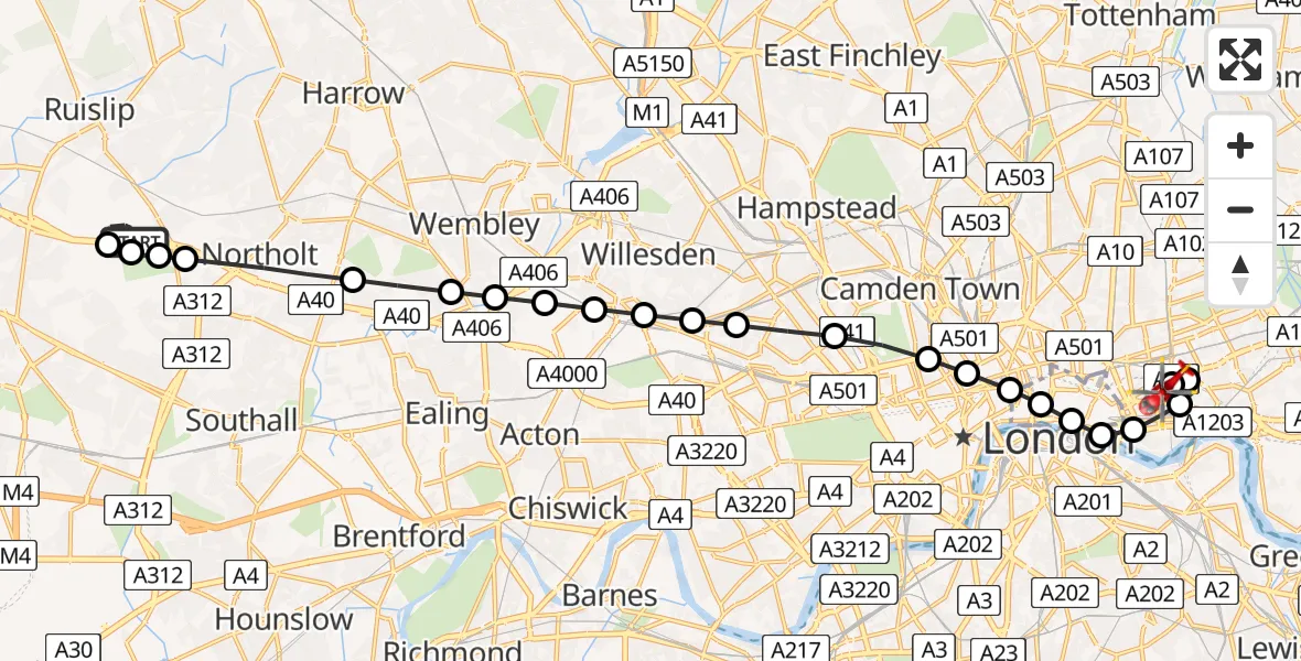 Flight route Air Ambulance Helicopter RAF Northolt - Royal London Hospital, 12 June 2026, 07:03