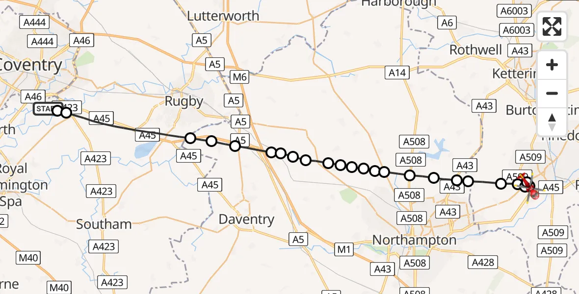 Flight route Air Ambulance Helicopter Coventry Airport - Wellingborough, 12 June 2026, 07:35