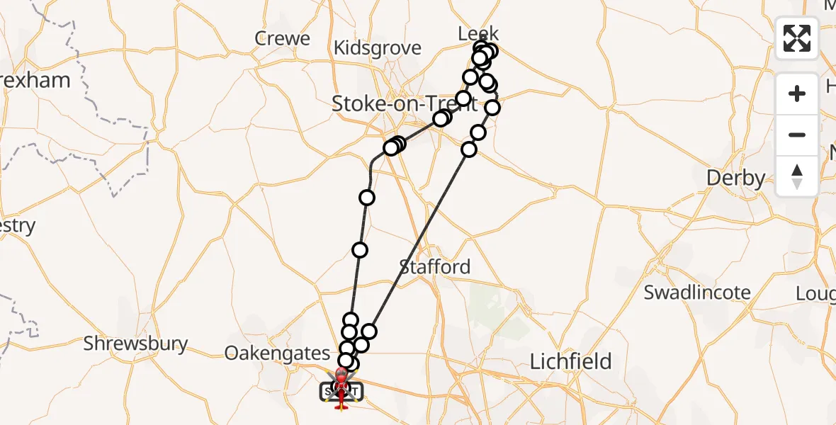 Flight route Air Ambulance Helicopter RAF Cosford - Cosford, 12 June 2026, 08:10