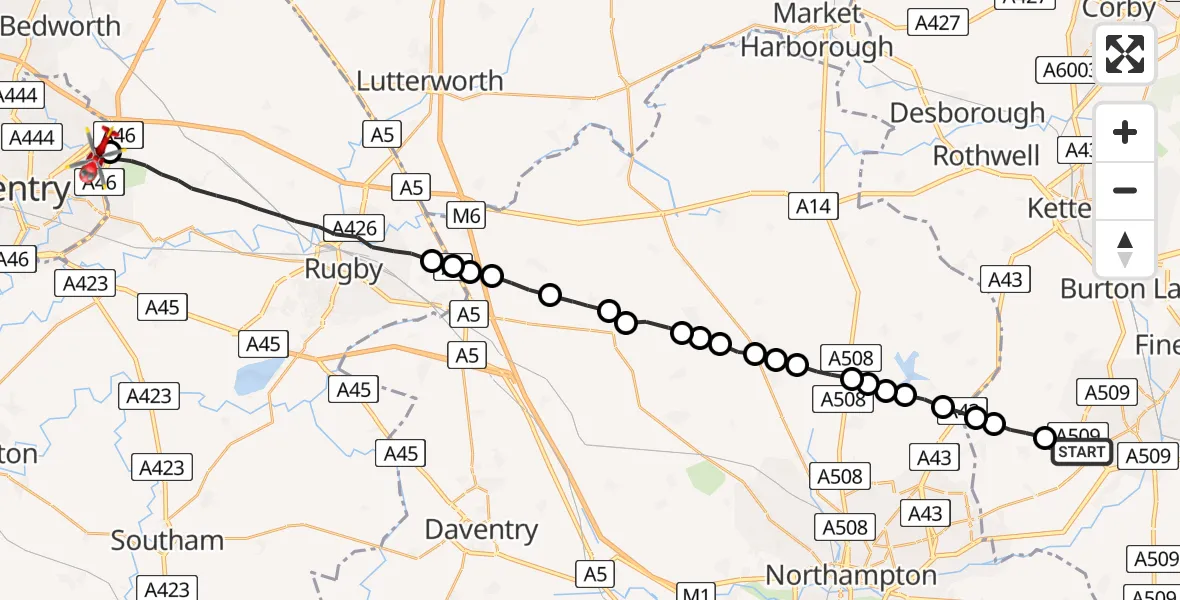 Flight route Air Ambulance Helicopter Wilby - Walsgrave, 12 June 2026, 08:23
