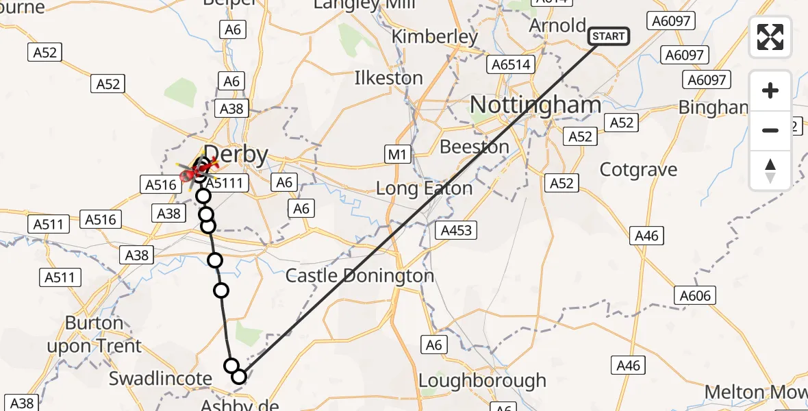 Flight route Air Ambulance Helicopter Lambley - Royal Derby Trauma Unit, 12 June 2026, 08:24