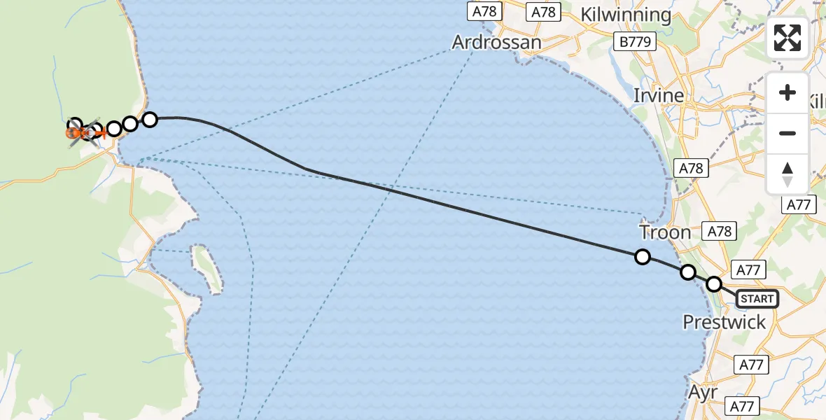 Flight route Coastguard Helicopter Glasgow Prestwick Airport - Brodick, 12 June 2026, 08:32