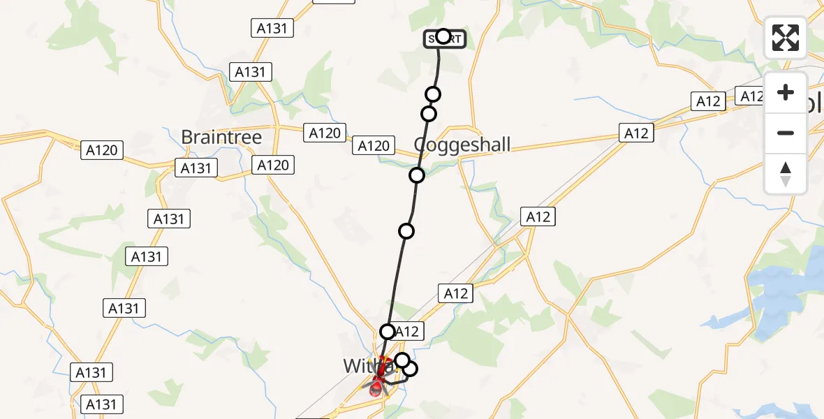 Flight route Air Ambulance Helicopter Earls Colne Airfield - Witham, 12 June 2026, 08:37
