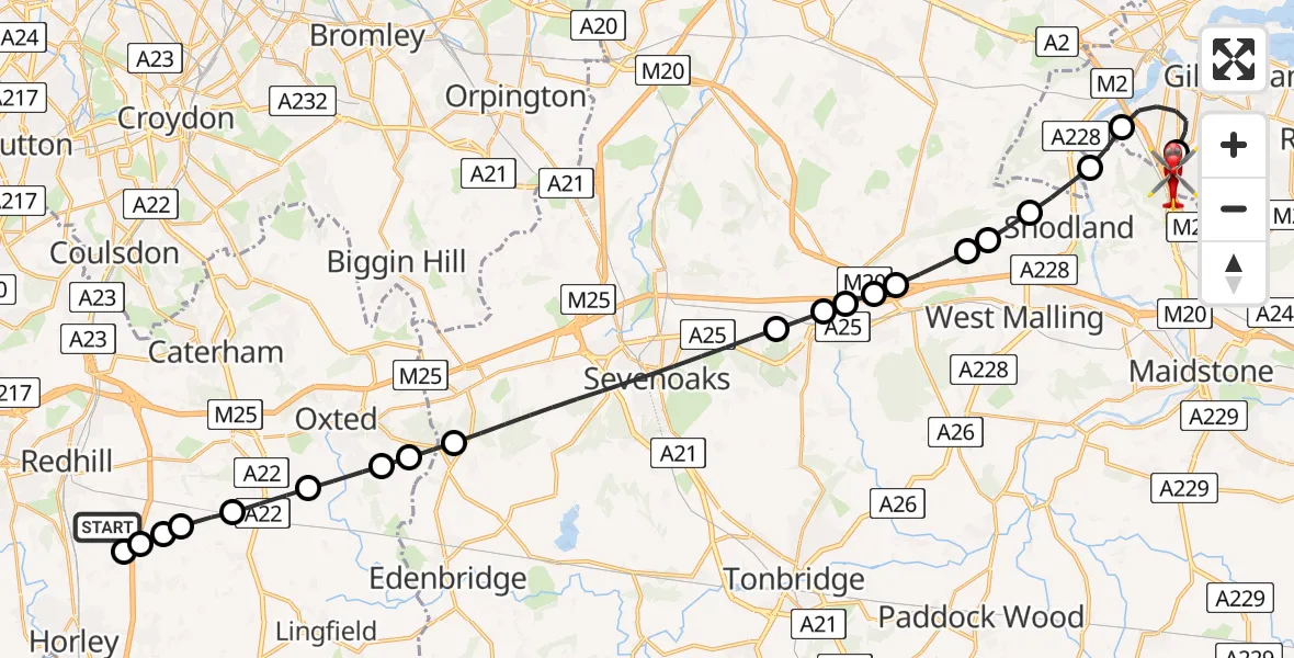 Flight route Air Ambulance Helicopter Redhill Aerodrome - Rochester Airport, 12 June 2026, 08:49