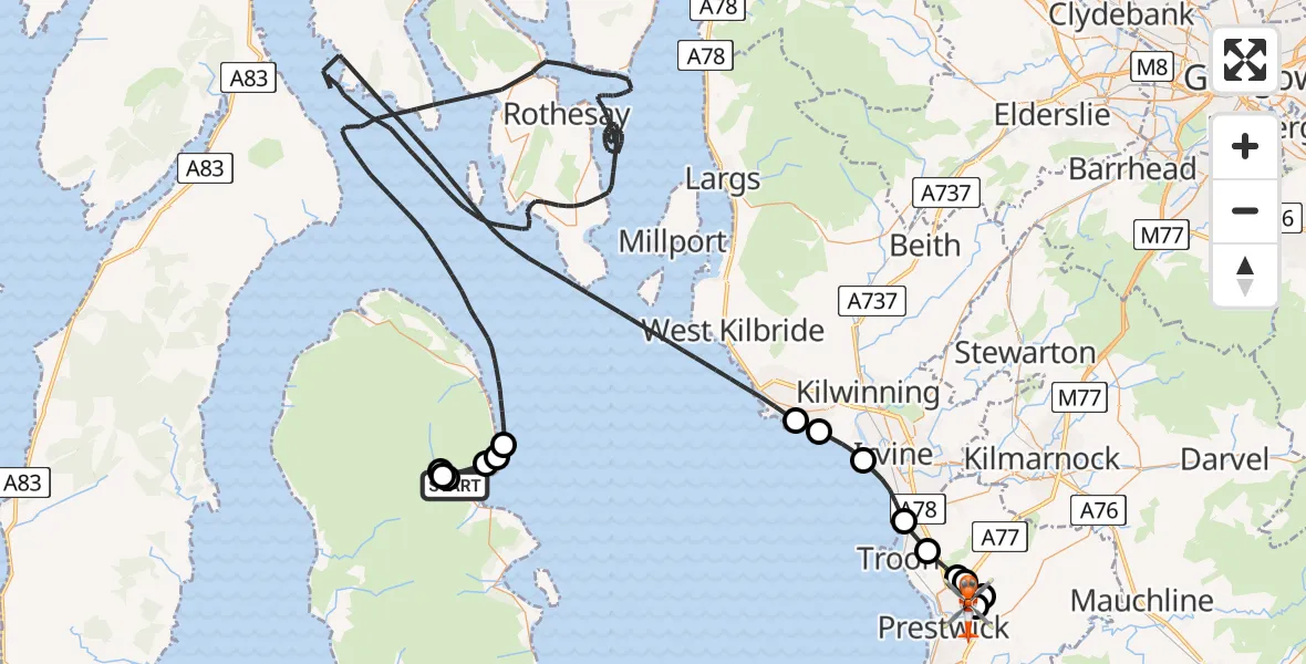 Flight route Coastguard Helicopter Brodick - Glasgow Prestwick Airport, 12 June 2026, 09:03