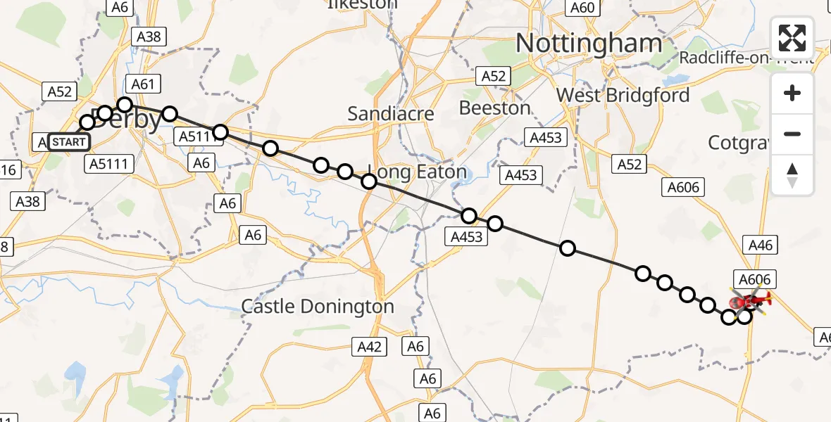 Flight route Air Ambulance Helicopter Royal Derby Trauma Unit - Rushcliffe, 12 June 2026, 09:06
