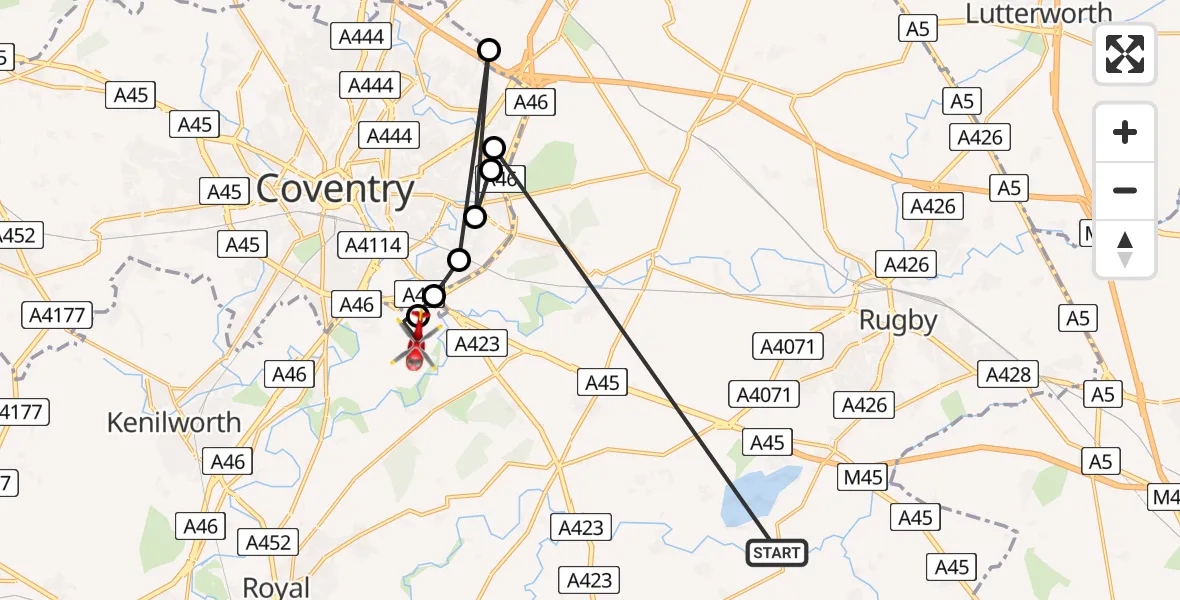 Flight route Air Ambulance Helicopter Rugby - Coventry Airport, 12 June 2026, 09:08