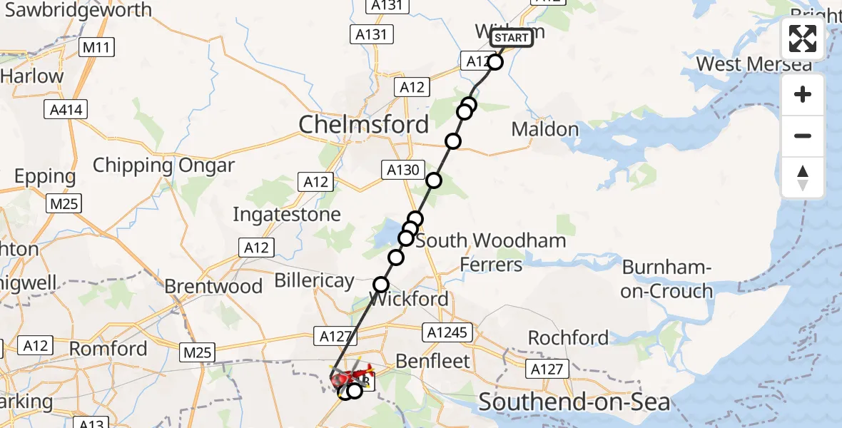 Flight route Air Ambulance Helicopter Witham - Basildon, 12 June 2026, 09:22