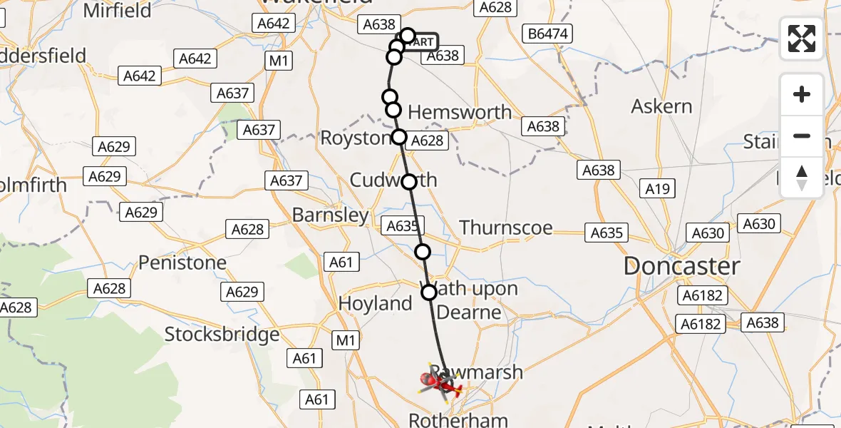 Flight route Air Ambulance Helicopter YAA Nostell Helicopter Port - Rotherham, 12 June 2026, 09:30