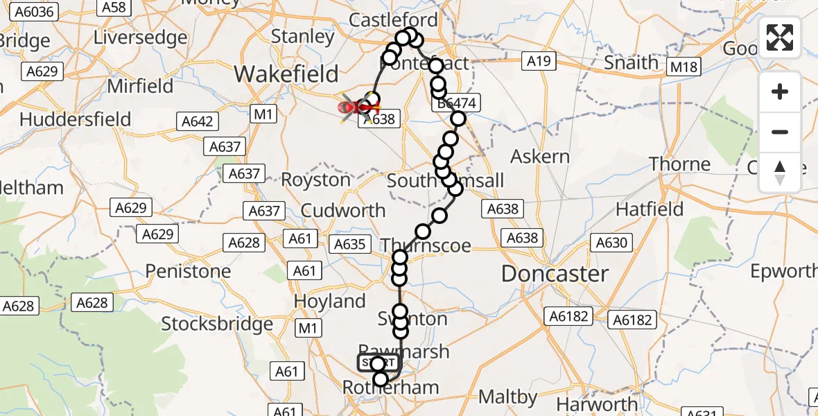 Flight route Air Ambulance Helicopter Rotherham - YAA Nostell Helicopter Port, 12 June 2026, 09:50