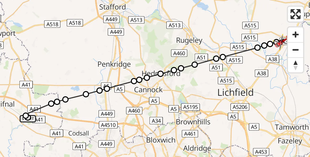 Flight route Air Ambulance Helicopter RAF Cosford - Barton-under-Needwood, 12 June 2026, 09:54