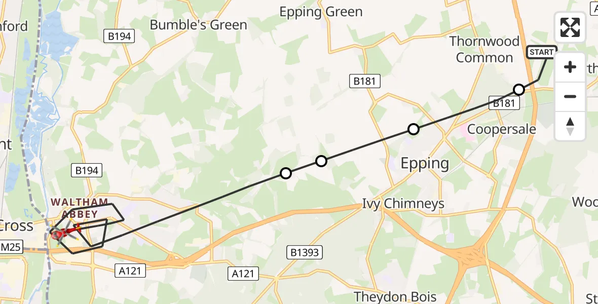 Flight route Air Ambulance Helicopter North Weald Airfield - Epping Forest, 12 June 2026, 10:21
