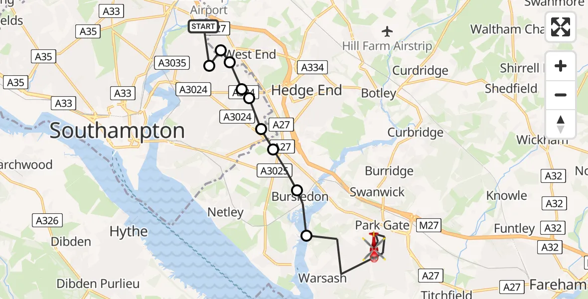 Flight route Air Ambulance Helicopter Chartwell Green - Fareham, 12 June 2026, 10:38
