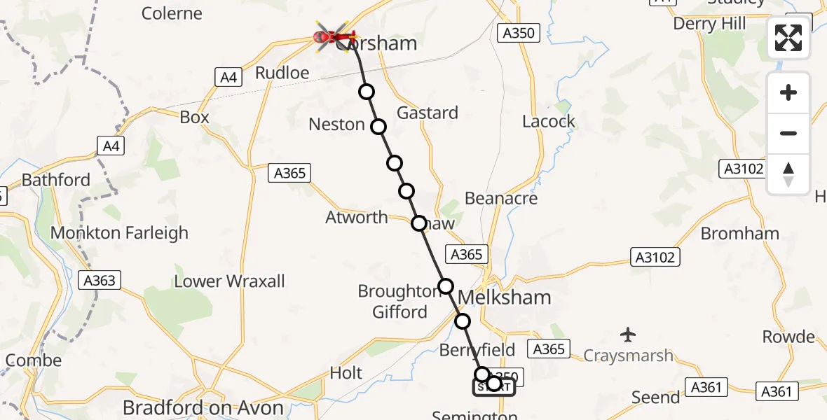 Flight route Air Ambulance Helicopter Wiltshire Air Ambulance - Corsham, 12 June 2026, 10:42