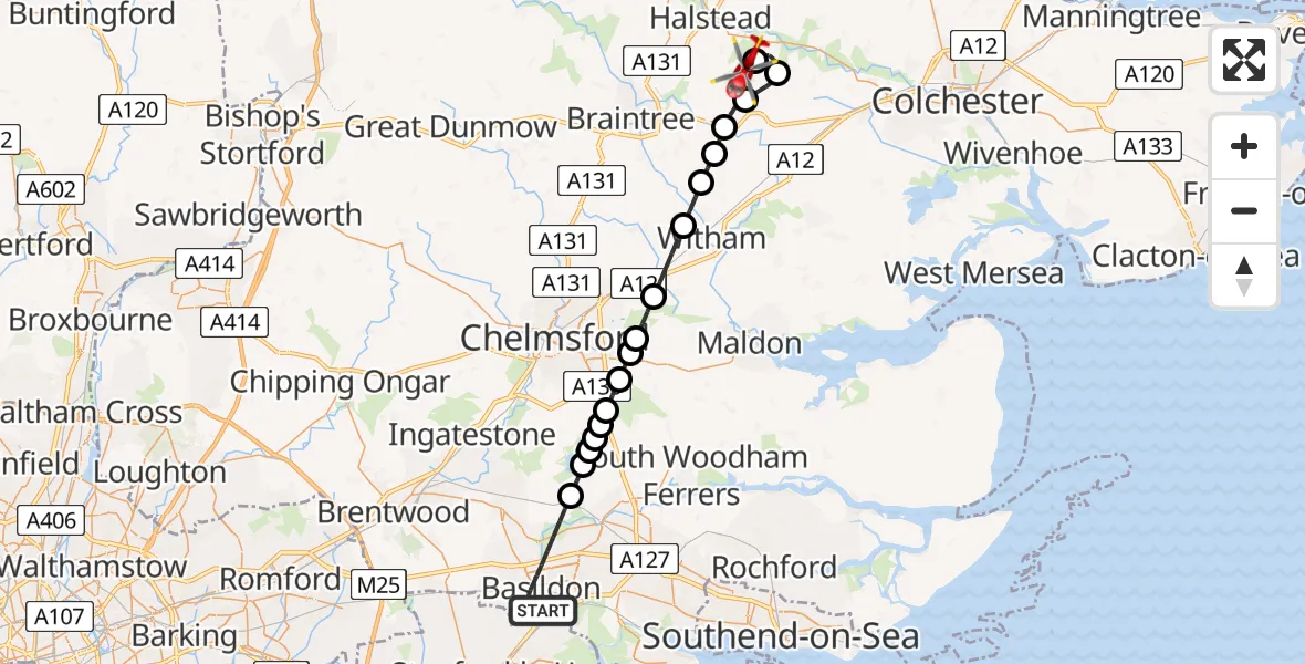 Flight route Air Ambulance Helicopter Basildon - Earls Colne Airfield, 12 June 2026, 10:43