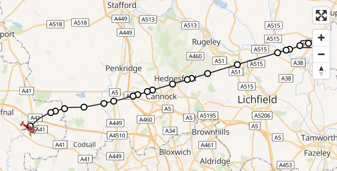 Flight route Air Ambulance Helicopter Barton-under-Needwood - Cosford, 12 June 2026, 10:55