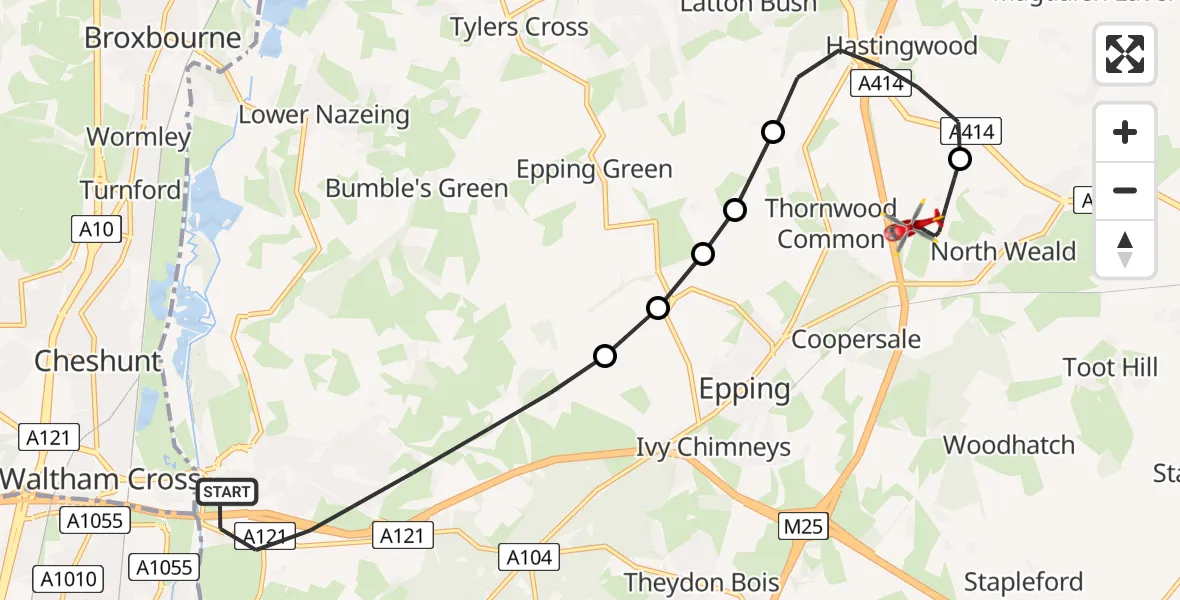 Flight route Air Ambulance Helicopter Epping Forest - North Weald Airfield, 12 June 2026, 11:12