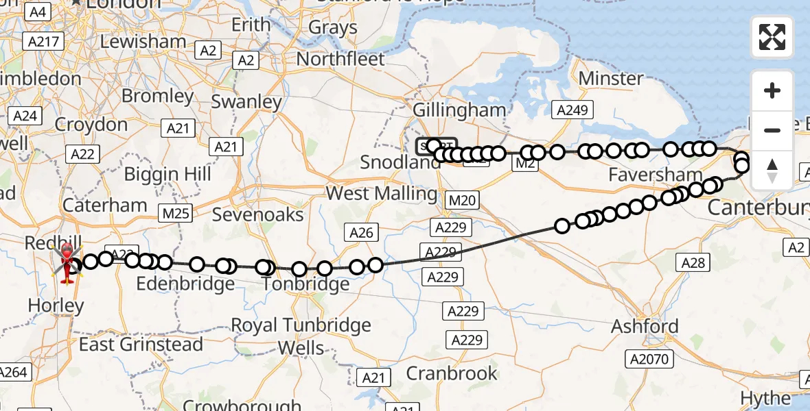 Flight route Air Ambulance Helicopter Rochester Airport - Redhill Aerodrome, 12 June 2026, 11:15