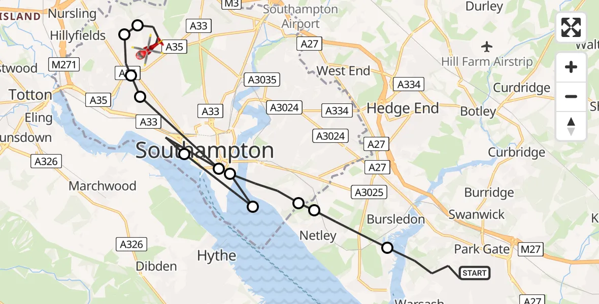 Flight route Air Ambulance Helicopter Fareham - University Hospital Southampton, 12 June 2026, 11:22