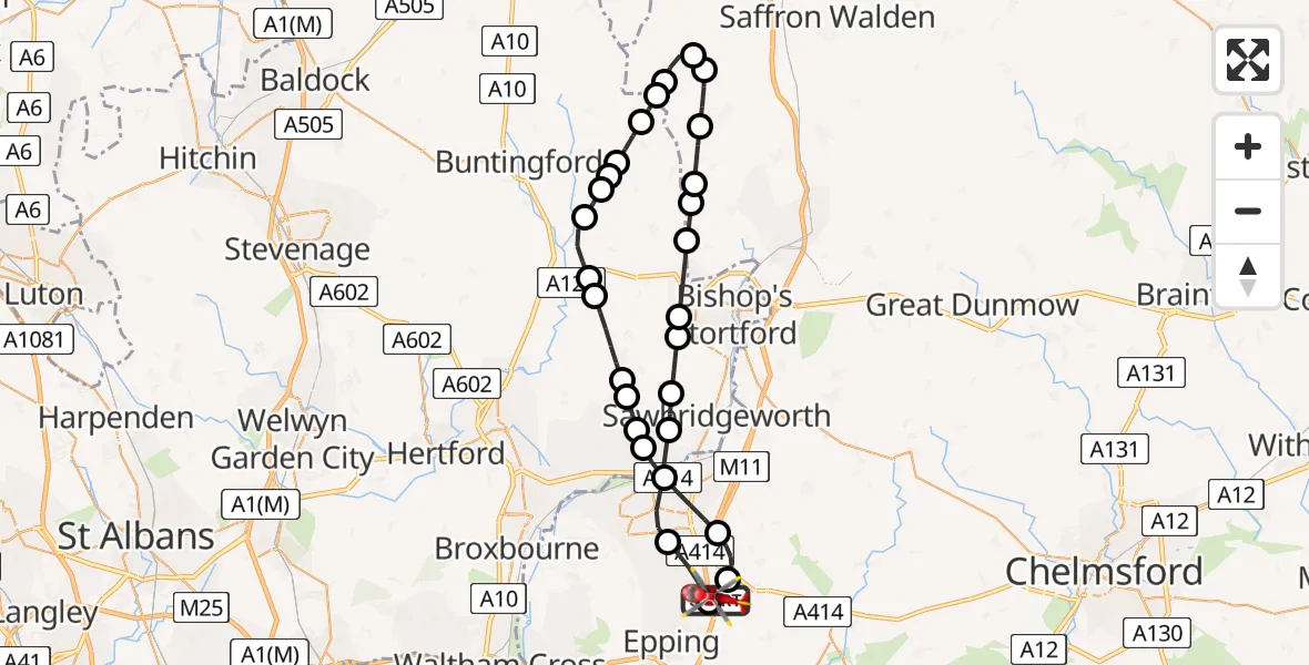 Flight route Air Ambulance Helicopter North Weald Airfield - North Weald Airfield, 12 June 2026, 11:28