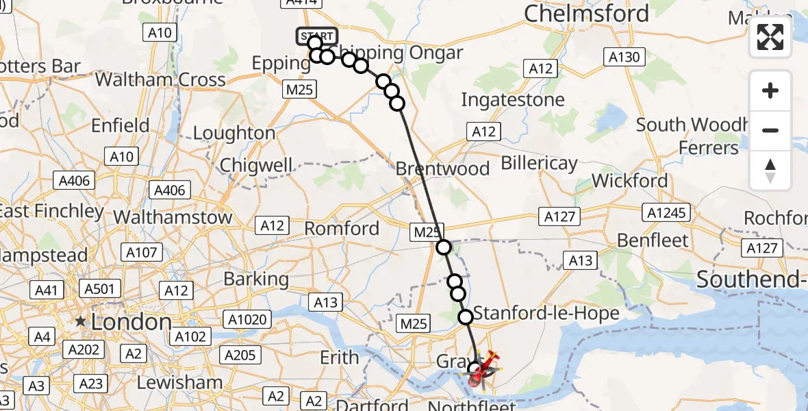 Flight route Air Ambulance Helicopter North Weald Airfield - Tilbury, 12 June 2026, 11:52