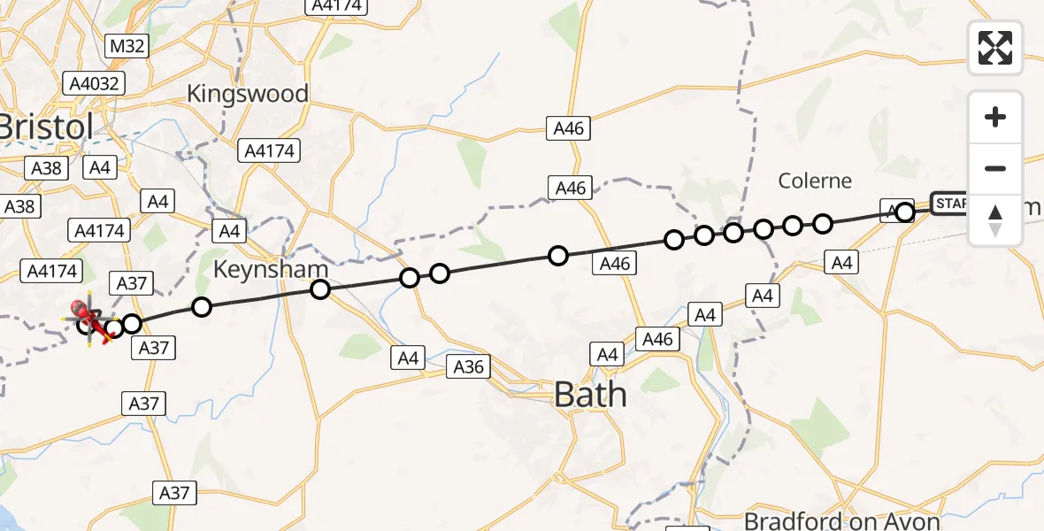 Flight route Air Ambulance Helicopter Corsham - Bristol, 12 June 2026, 11:54