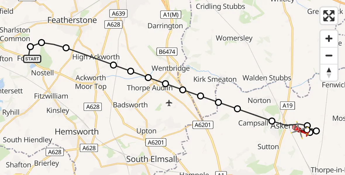 Flight route Air Ambulance Helicopter YAA Nostell Helicopter Port - Askern Airfield, 12 June 2026, 12:08