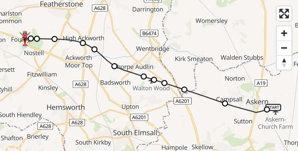 Flight route Air Ambulance Helicopter Askern Airfield - YAA Nostell Helicopter Port, 12 June 2026, 12:40
