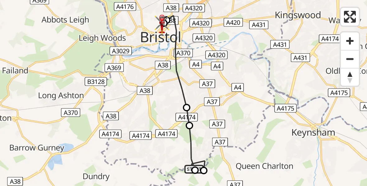 Flight route Air Ambulance Helicopter Bristol - Bristol Royal Infirmary, 12 June 2026, 12:51