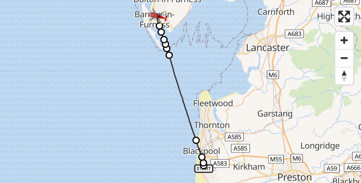 Flight route Air Ambulance Helicopter Blackpool Airport - Barrow-in-Furness, 12 June 2026, 12:55
