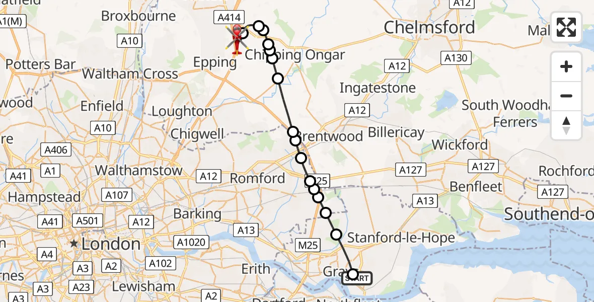 Flight route Air Ambulance Helicopter Tilbury - North Weald Airfield, 12 June 2026, 12:56