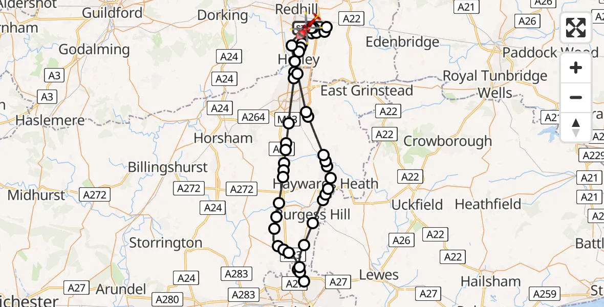 Flight route Air Ambulance Helicopter Redhill Aerodrome - Redhill Aerodrome, 12 June 2026, 13:08
