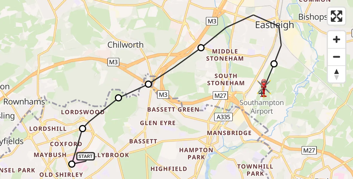 Flight route Air Ambulance Helicopter University Hospital Southampton - Southampton Airport, 12 June 2026, 13:11