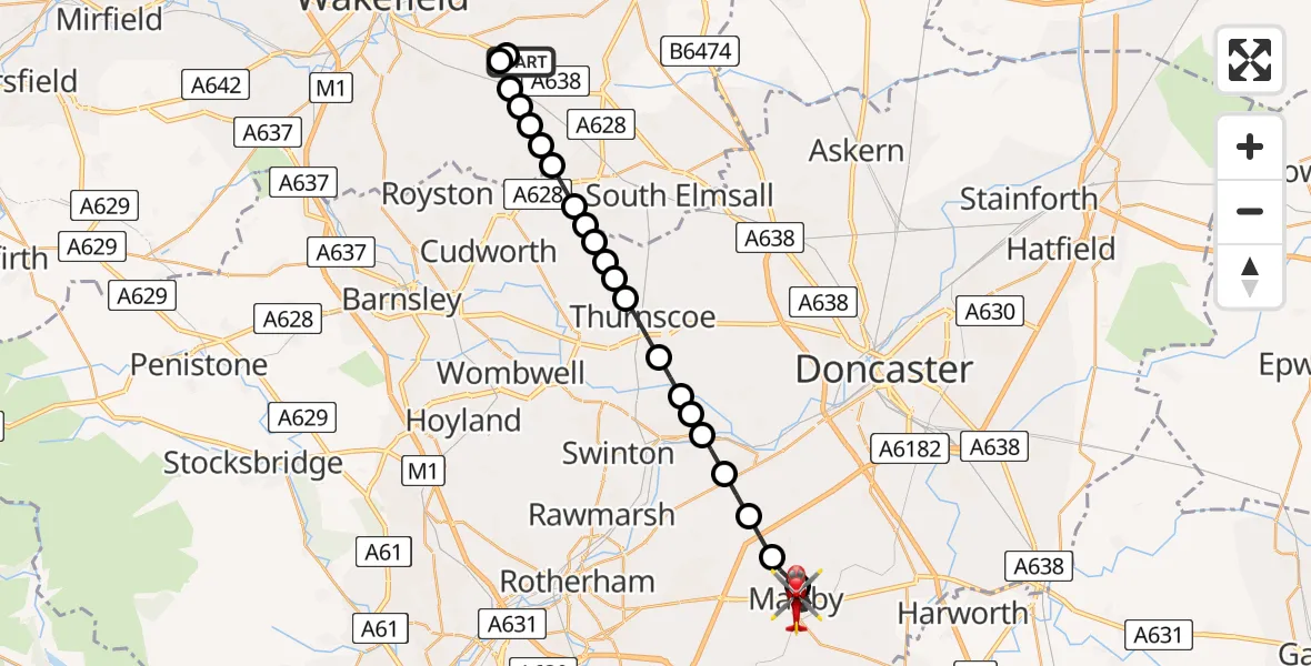 Flight route Air Ambulance Helicopter YAA Nostell Helicopter Port - Maltby, 12 June 2026, 13:13