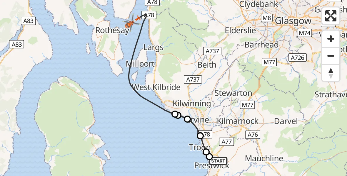 Flight route Coastguard Helicopter Glasgow Prestwick Airport - Inner Seas, 12 June 2026, 13:27
