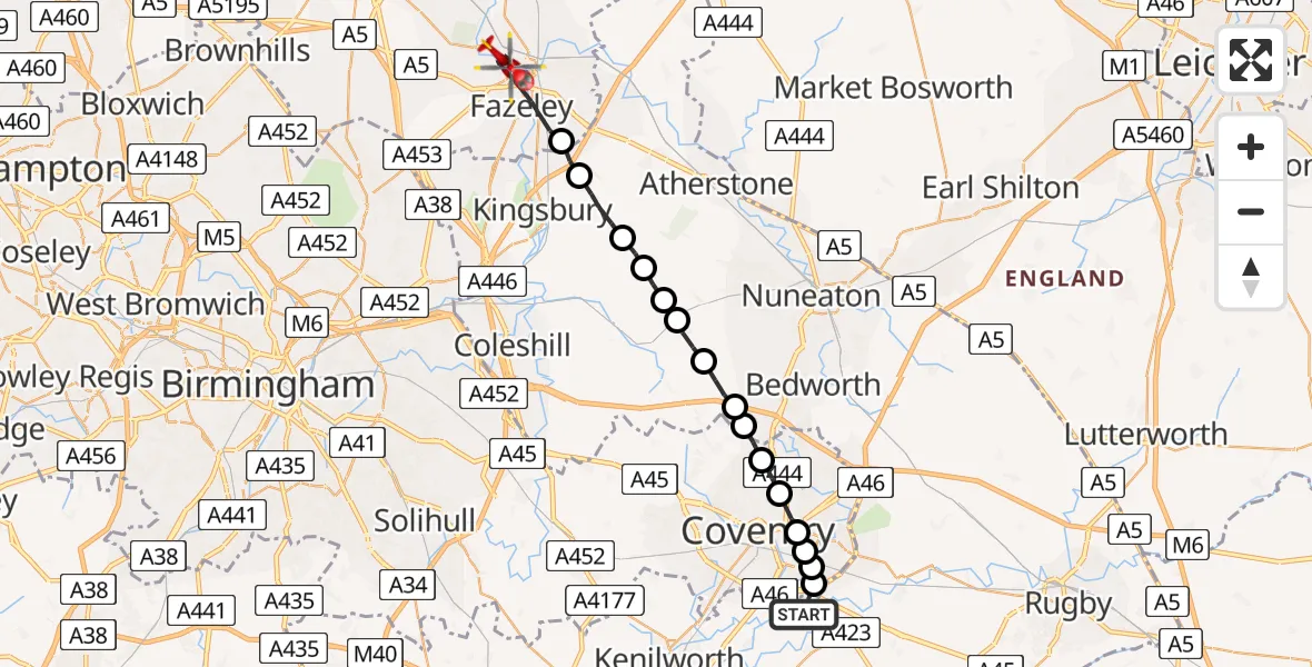 Flight route Air Ambulance Helicopter Coventry Airport - Tamworth, 12 June 2026, 13:33