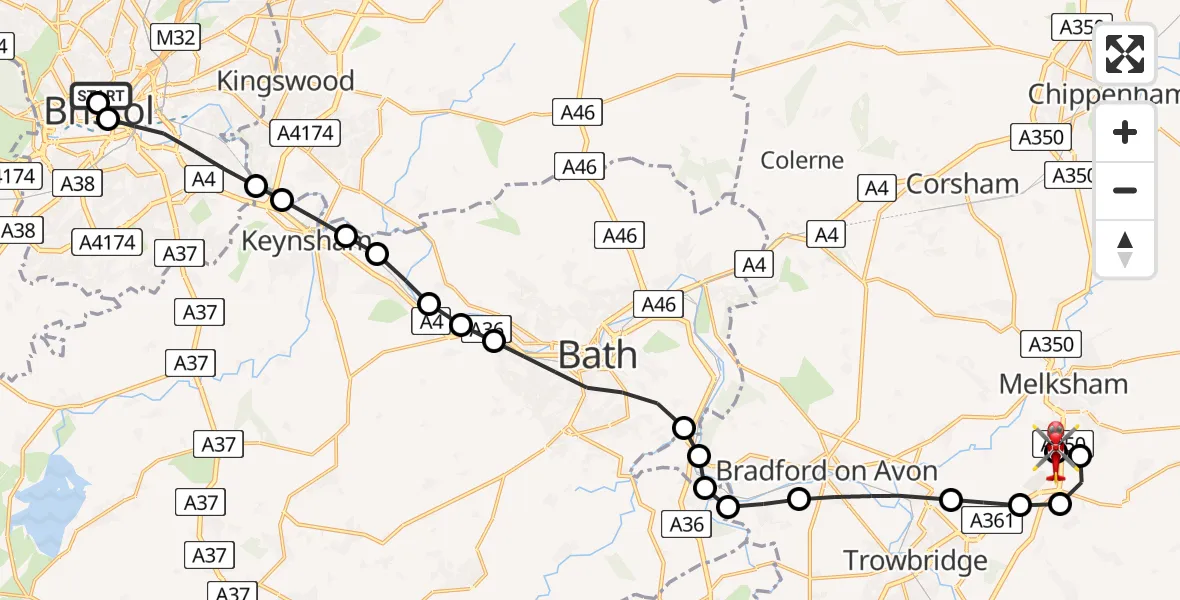 Flight route Air Ambulance Helicopter Bristol Royal Infirmary - Wiltshire Air Ambulance, 12 June 2026, 13:35