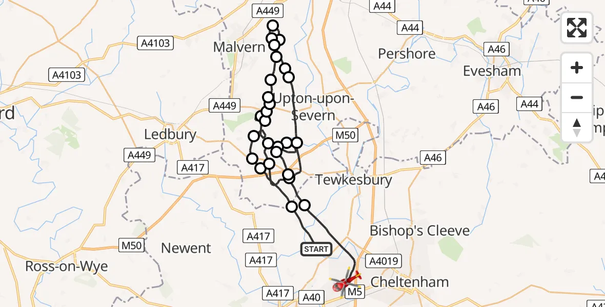 Flight route Air Ambulance Helicopter Tewkesbury - Tewkesbury, 12 June 2026, 13:40