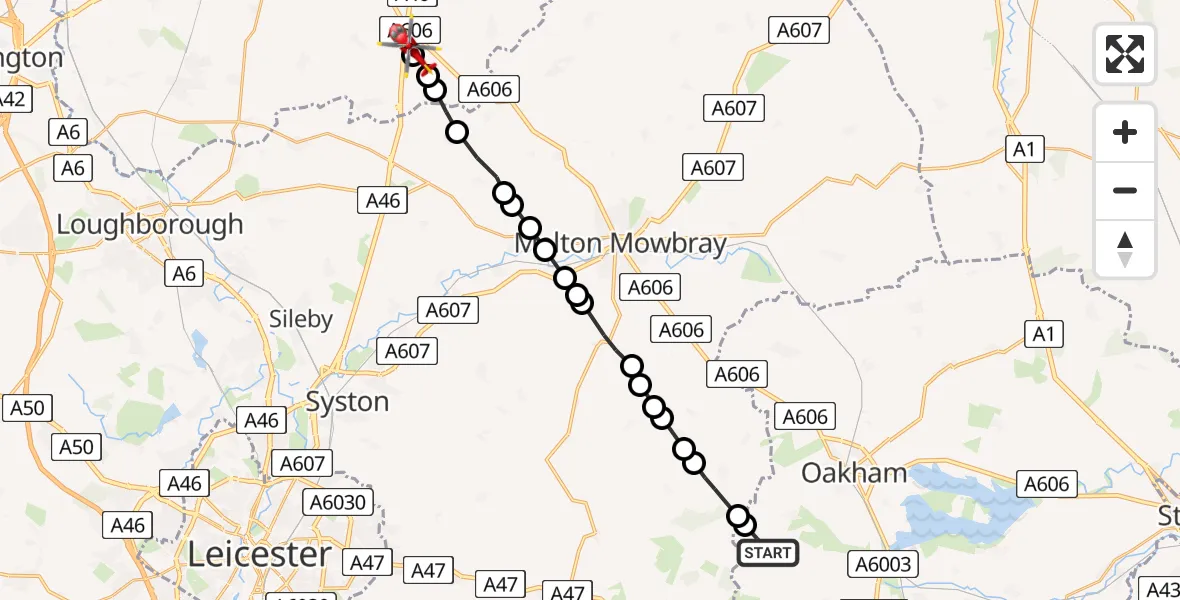 Flight route Air Ambulance Helicopter Leighfield - Rushcliffe, 12 June 2026, 13:42