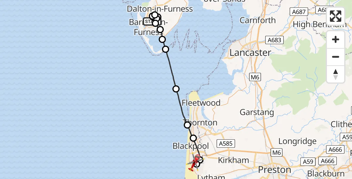 Flight route Air Ambulance Helicopter Barrow-in-Furness - Blackpool Airport, 12 June 2026, 13:48