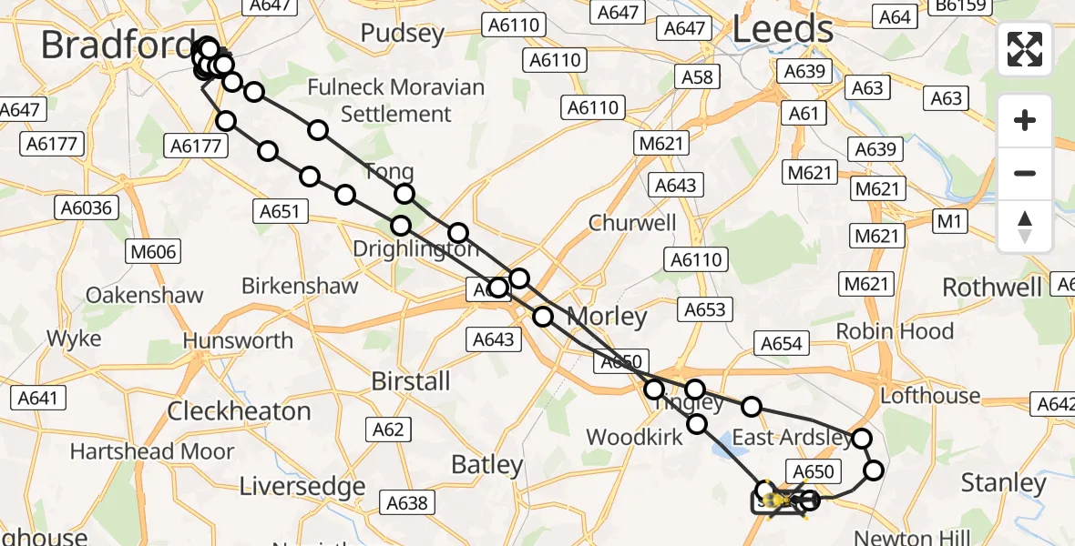 Flight route Police Helicopter East Ardsley - East Ardsley, 12 June 2026, 13:55