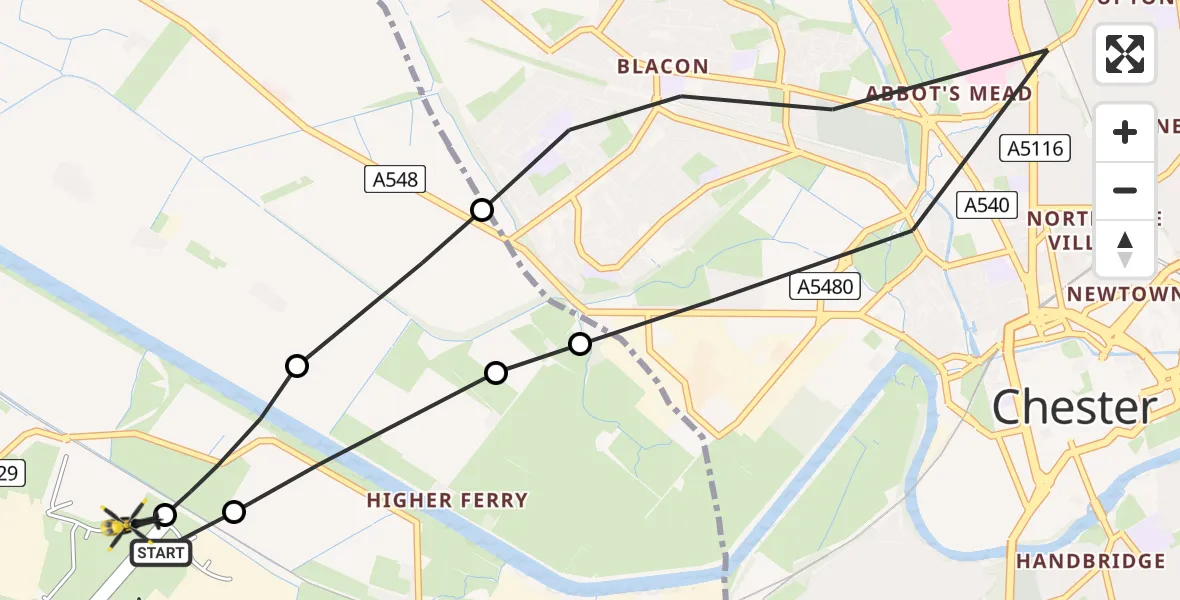 Flight route Police Helicopter Hawarden Airport - Hawarden Airport, 12 June 2026, 14:03