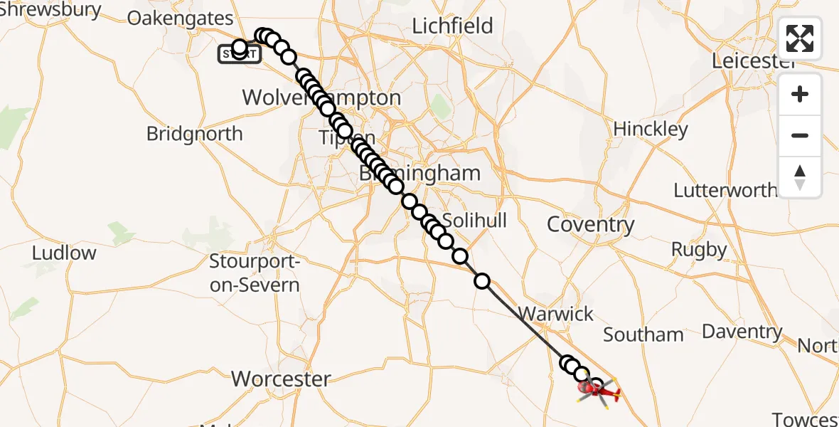 Flight route Air Ambulance Helicopter RAF Cosford - Gaydon, 12 June 2026, 14:05