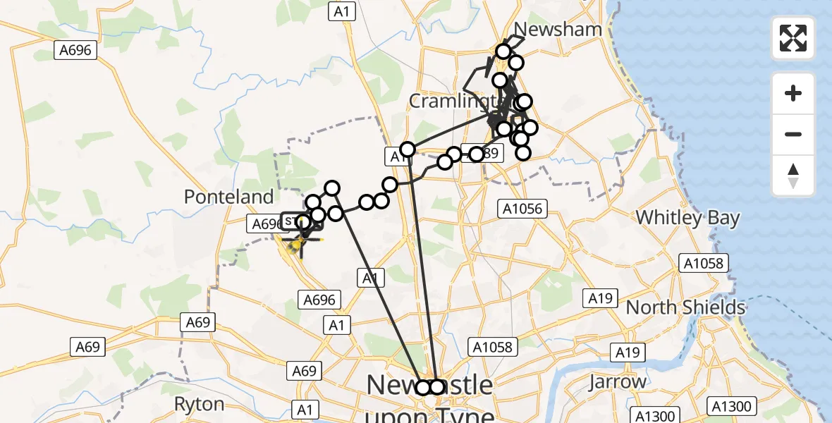 Flight route Police Helicopter Newcastle International Airport - Newcastle International Airport, 12 June 2026, 14:05